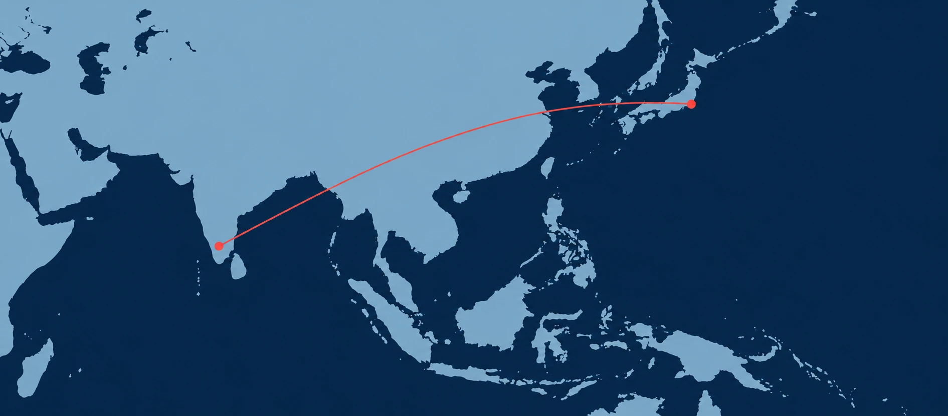 東京とインド南部を結ぶ簡略化したアジア地図